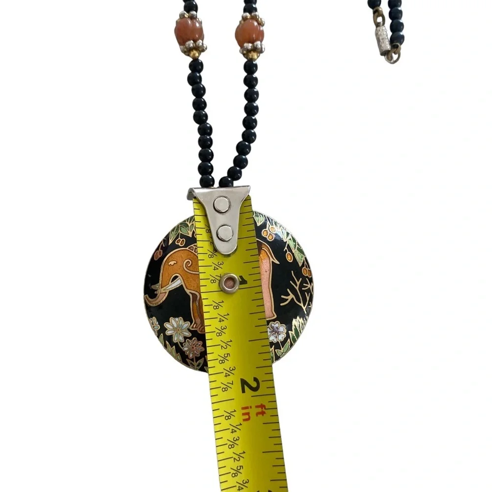 Vintage Cloisonne Beaded Black Onyx & Agate Trunk-Up Elephant Medallion Necklace